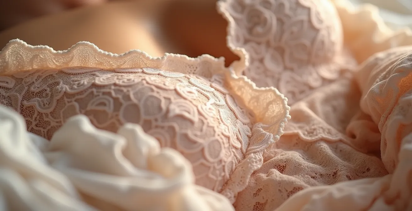 Gros plan sur la texture délicate de la dentelle et satin d’une pièce de lingerie fine
