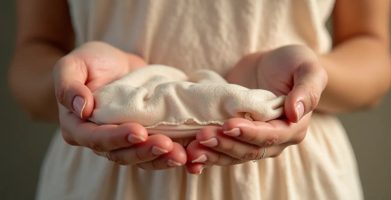 Main féminine tenant une pièce de lingerie douce et confortable en tissu naturel