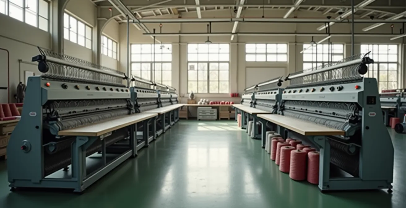 Vue d'ensemble d'un atelier de maille français moderne avec machines de tricotage rectiligne