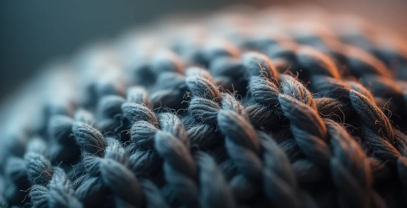 Vue macro d'une texture de maille mérinos montrant la densité des fibres