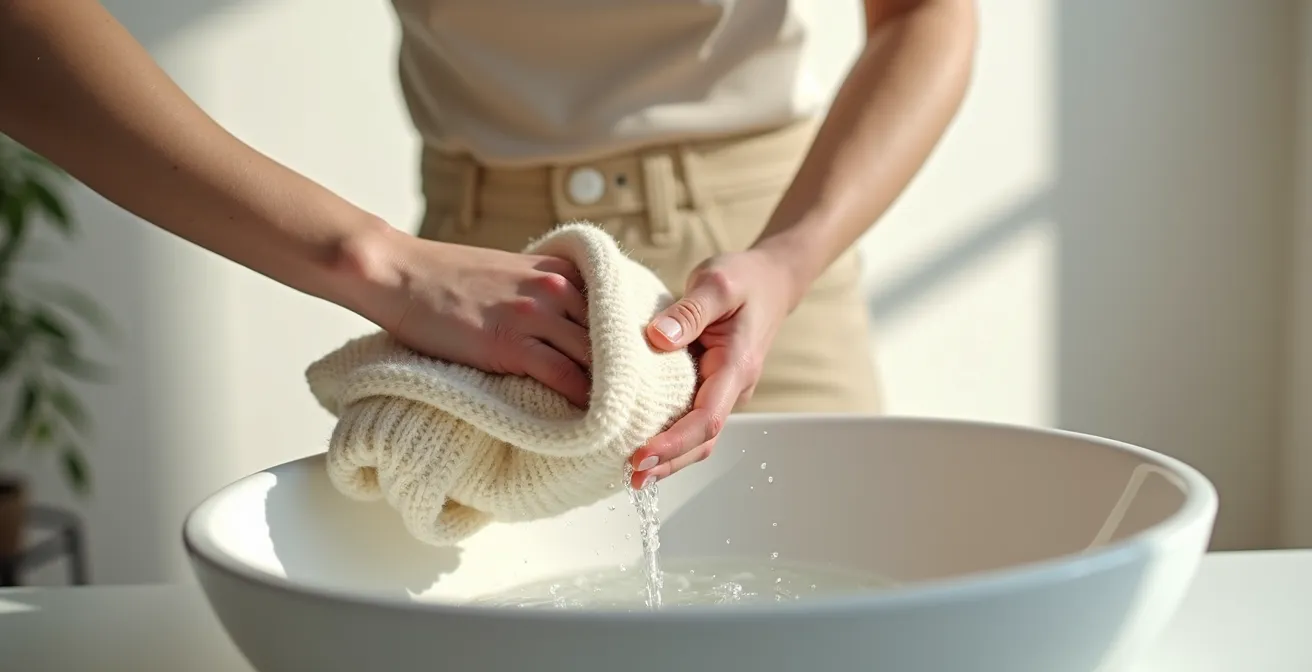 Mains féminines manipulant délicatement une maille en laine lors du lavage