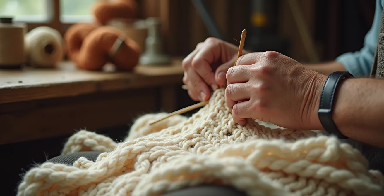 Gros plan sur les mains expertes d'un artisan effectuant une technique de remaillage sur une maille française