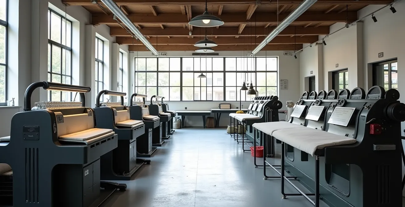 Vue d'ensemble d'un atelier textile français moderne avec espace de production optimisé