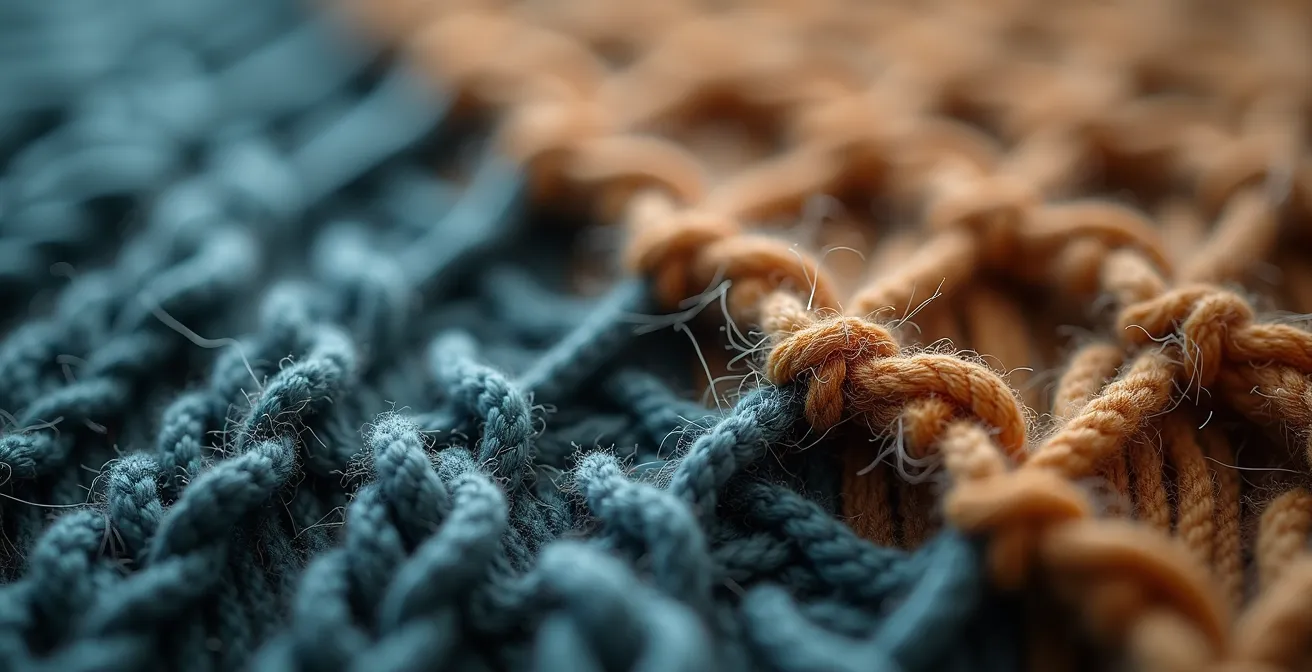 Vue macro d'un point de tricot fully-fashioned montrant les diminutions intégrées