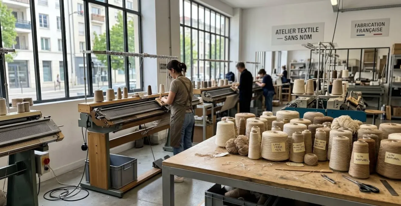 Atelier de tricotage français avec bobines de fils naturels aux tons beiges et crème disposées sur une table de travail, machines traditionnelles en arrière-plan
