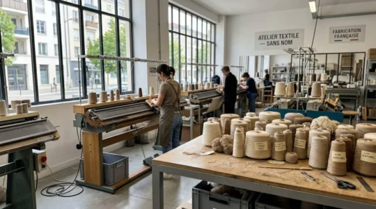 Atelier de tricotage français avec bobines de fils naturels aux tons beiges et crème disposées sur une table de travail, machines traditionnelles en arrière-plan