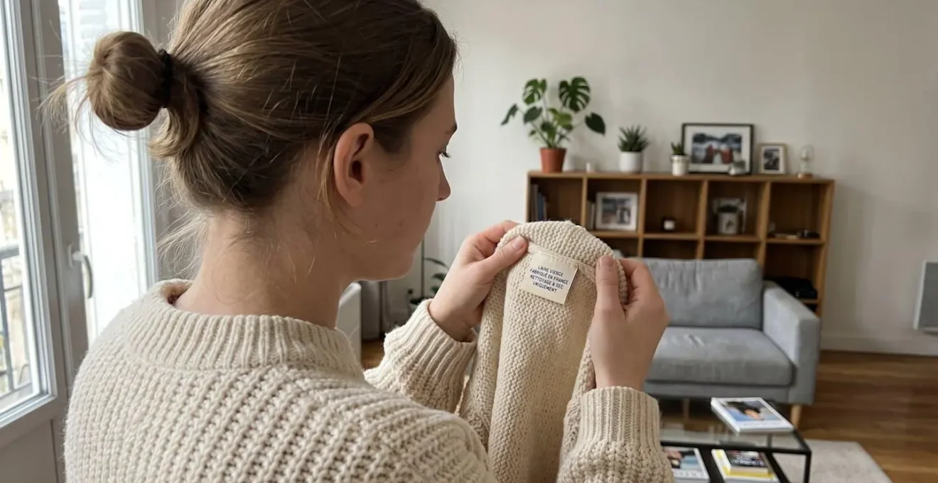 Personne de dos examinant attentivement l'étiquette de composition cousue à l'intérieur d'un pull en maille naturelle de couleur crème