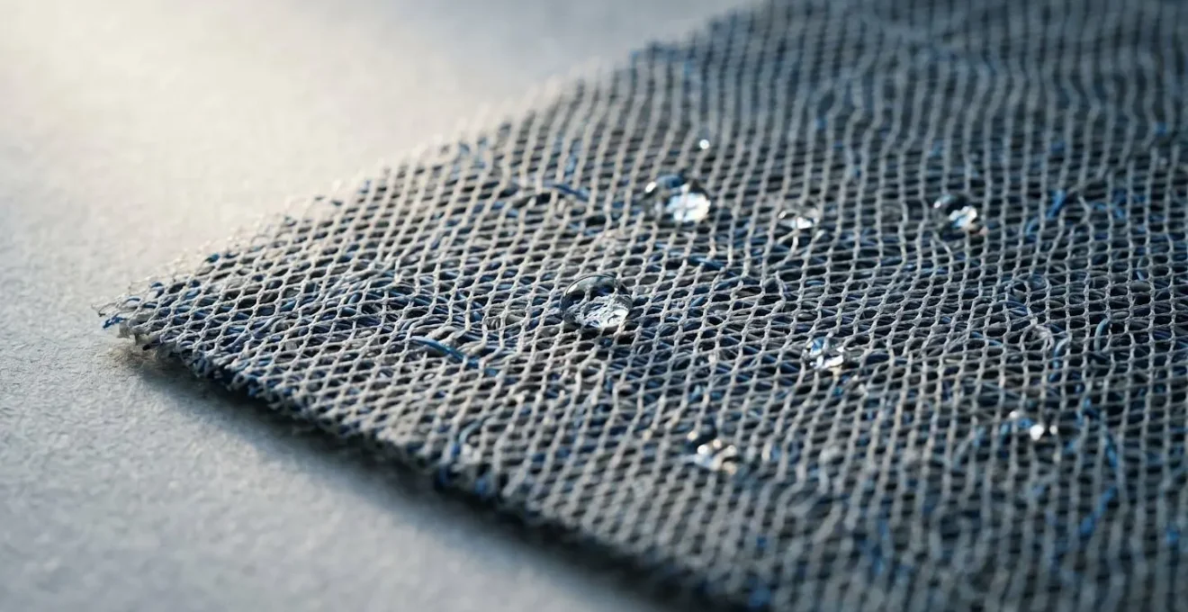 Gros plan macro sur la structure d'un textile rafraîchissant évaporatif montrant les fibres absorbantes et quelques gouttes d'eau perlant en surface
