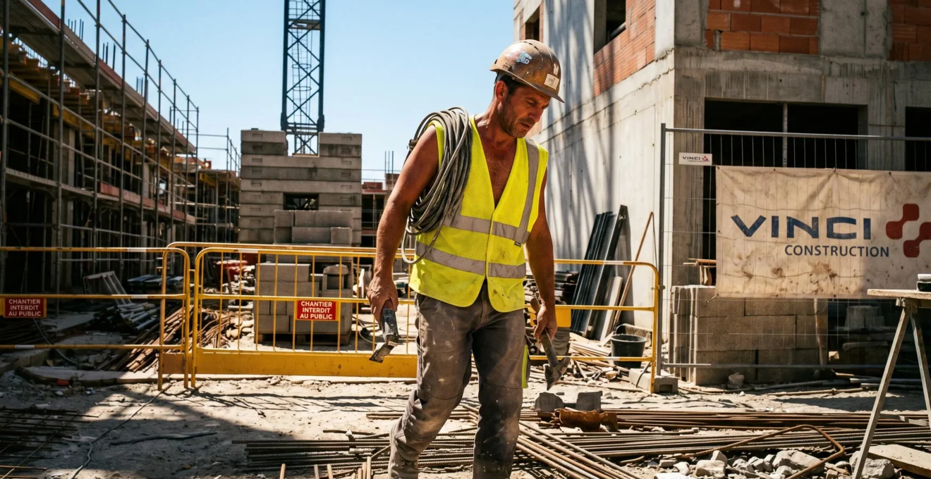 Ouvrier de chantier BTP portant une veste rafraîchissante haute visibilité jaune sur un site de construction en plein soleil, environnement professionnel authentique avec échafaudages et matériaux