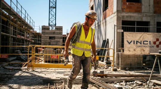 Ouvrier de chantier BTP portant une veste rafraîchissante haute visibilité jaune sur un site de construction en plein soleil, environnement professionnel authentique avec échafaudages et matériaux