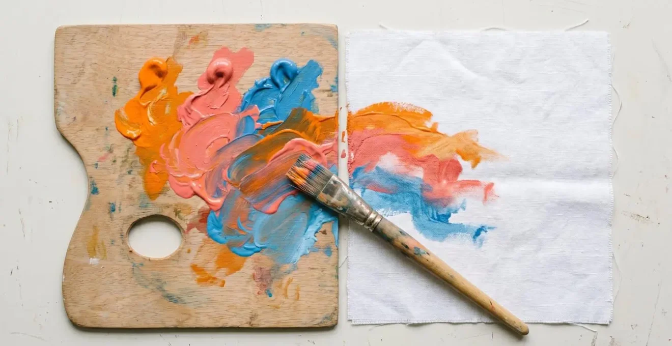 Palette de peintre en bois vue du dessus avec couleurs vives tangerine et corail se prolongeant sur un tissu blanc, symbolisant le processus créatif de personnalisation textile
