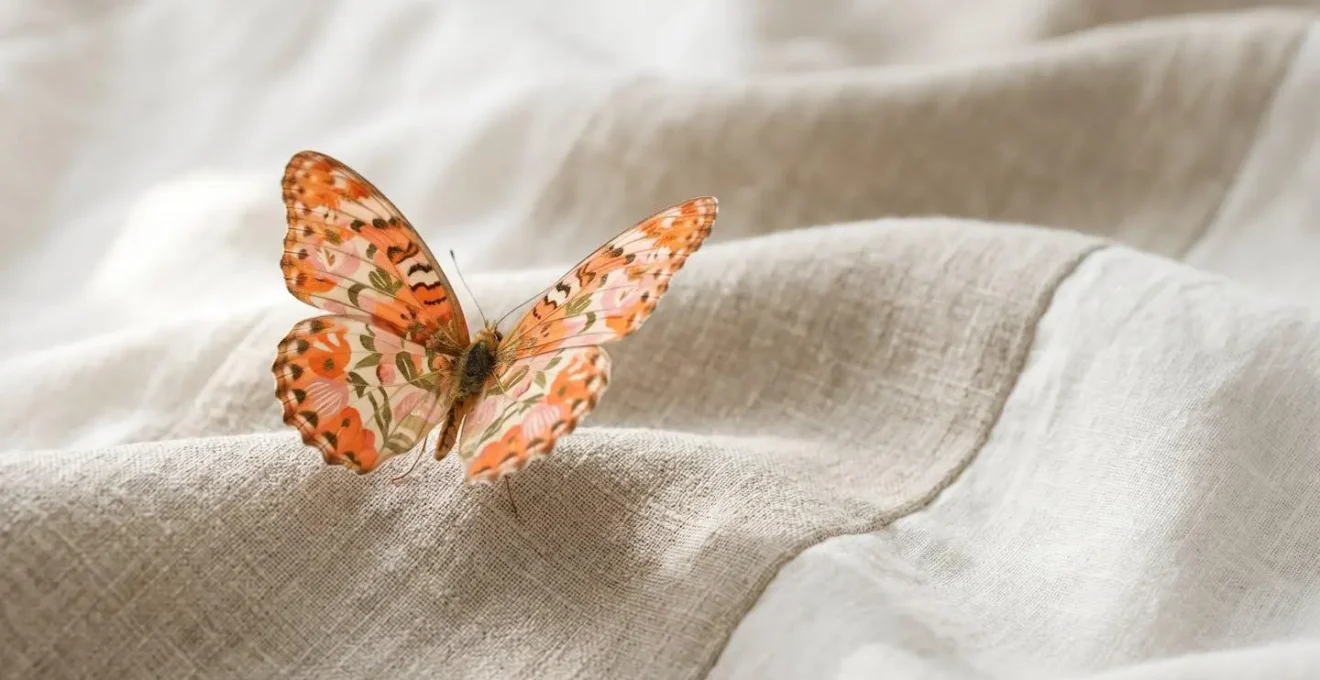 Papillon unique aux ailes ornées d'un motif textile floral exclusif coloré, posé sur des tissus unis beiges et blancs disposés en vagues minimalistes, symbolisant l'exclusivité d'un tissu personnalisé