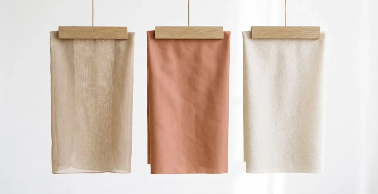 Trois échantillons de tissus beige, terracotta et blanc suspendus verticalement avec rétro-éclairage révélant leurs textures distinctes : viscose fluide, popeline structurée et crêpe texturé